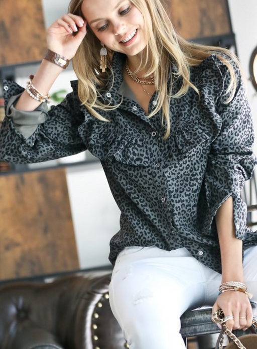 Leaping Leopard Ruffle Button Down Blouse