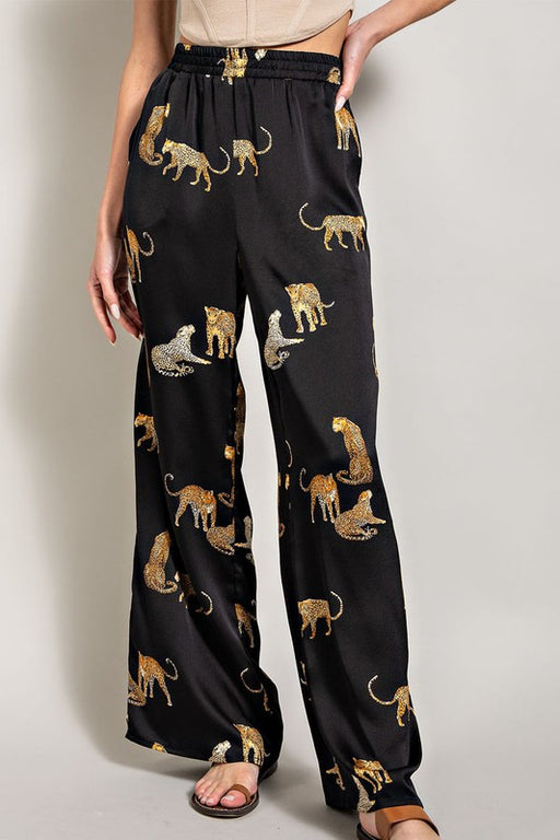 Leopard Print Satin Pants (Black)