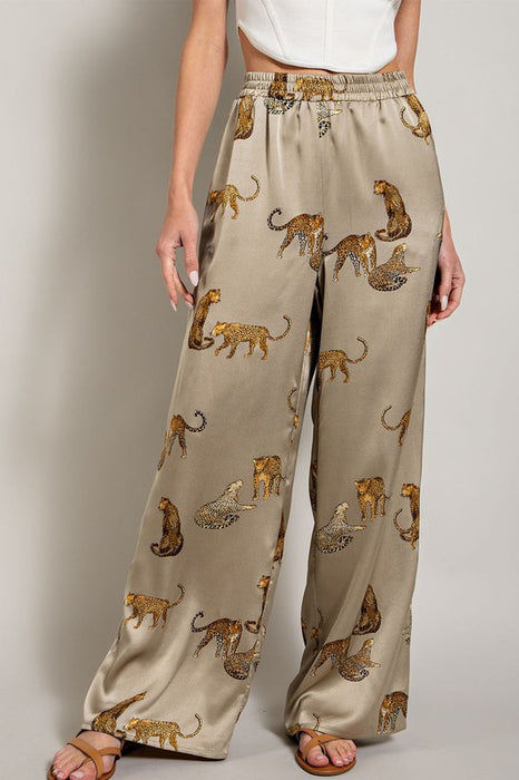 Leopard Print Satin Pants (Olive)