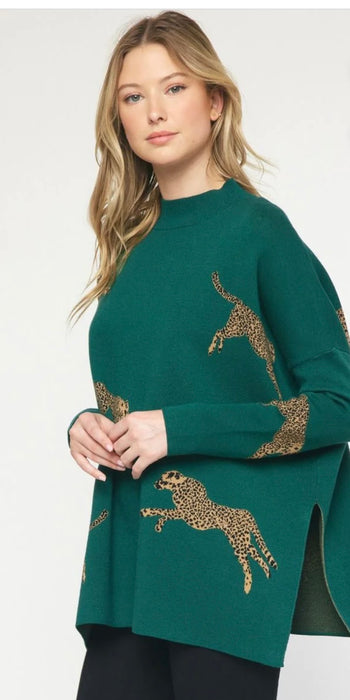 Green Cheetah Print Sweater