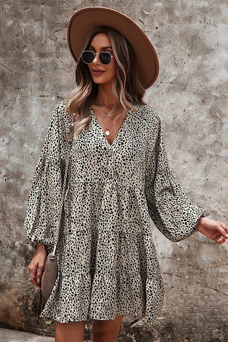 Khaki Spotted Tiered Dress