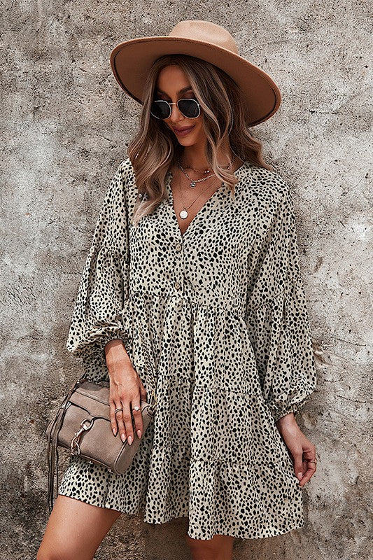 Khaki Spotted Tiered Dress