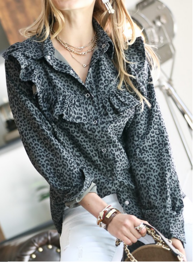 Leaping Leopard Ruffle Button Down Blouse