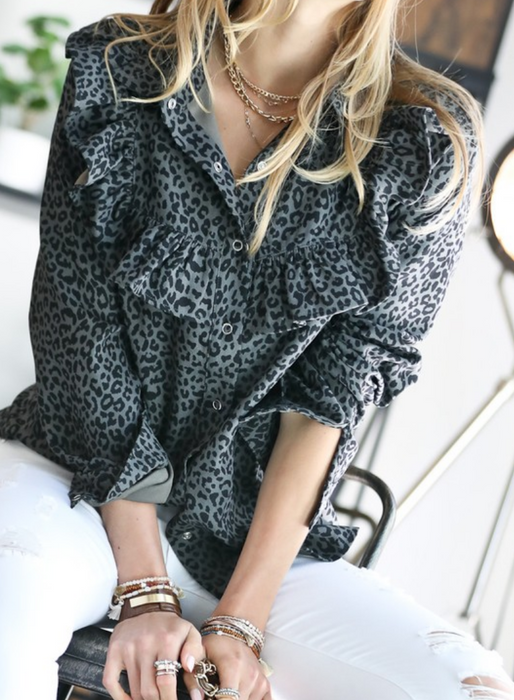Leaping Leopard Ruffle Button Down Blouse
