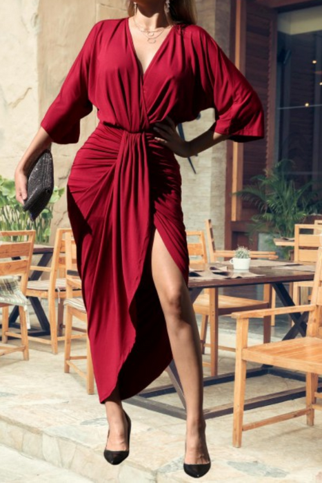 Venetian Ruched Dress - Burgundy
