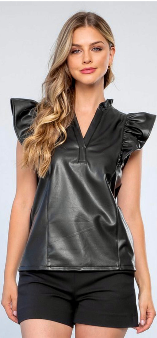 Mixed Media Flutter Sleeve Leather Top