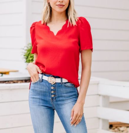 Lady in Red Scalloped Blouse